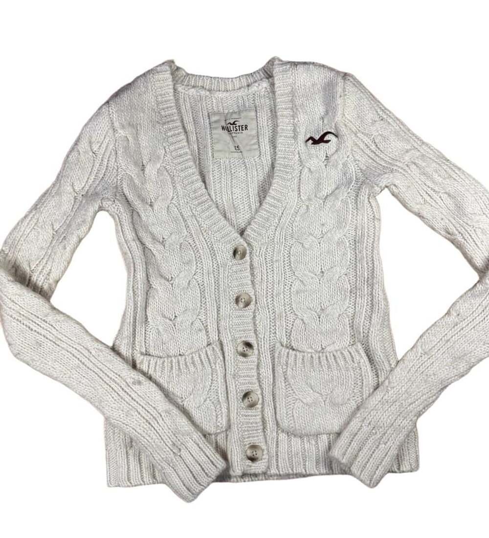 Y2K Hollister Cream Cable Knit Cardigan Sweater With Pockets wool blend